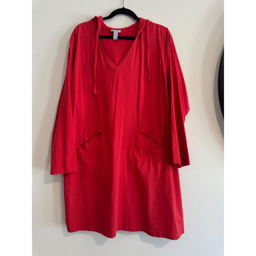 Swim 365 Hooded Cover Up Dress Women 2X Red Long Sleeve Cotton Pockets